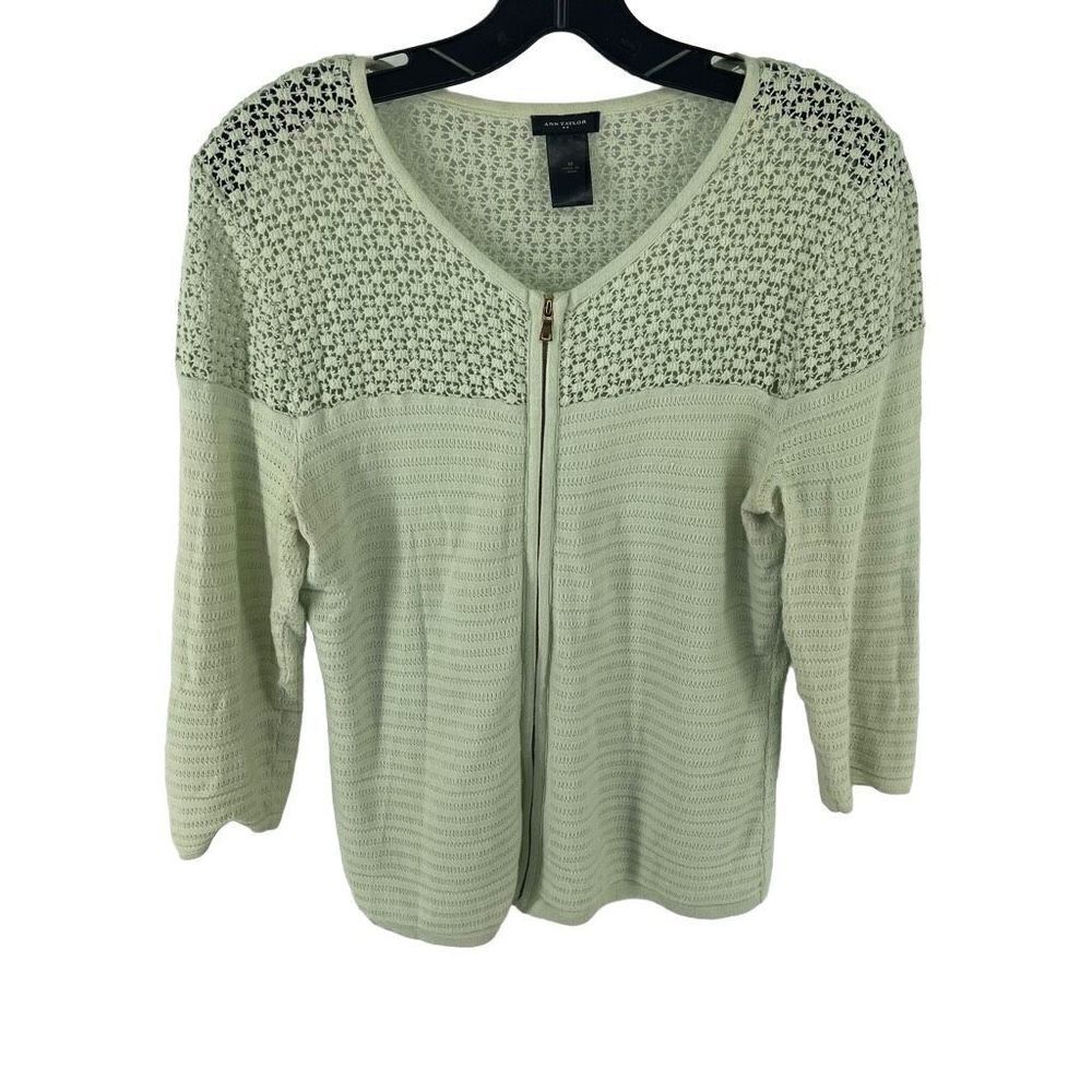 Ann Taylor Factory mint green crochet sweater front zip lace cardigan medium